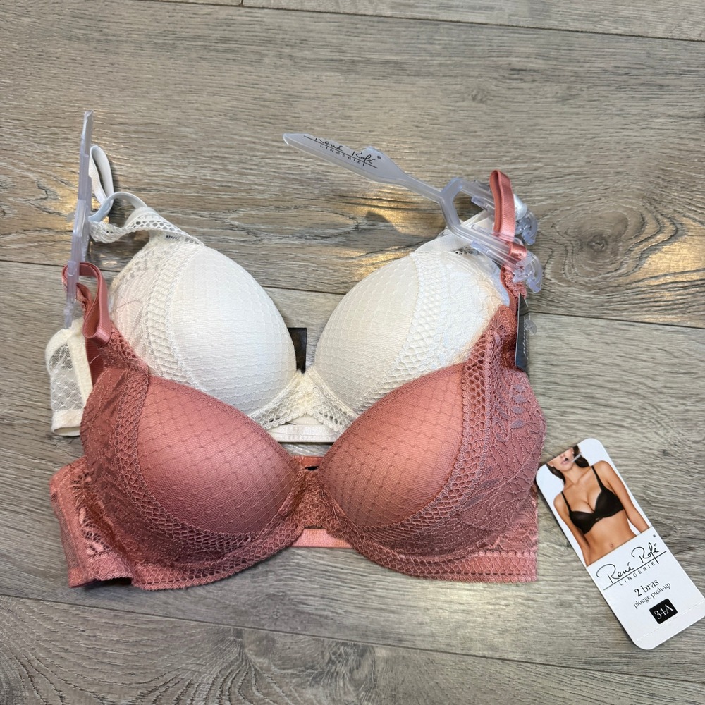NWT Rene Rofe Lingerie 2 Pack Plunge Push Up Bras Rose Ivory Lace 34A
